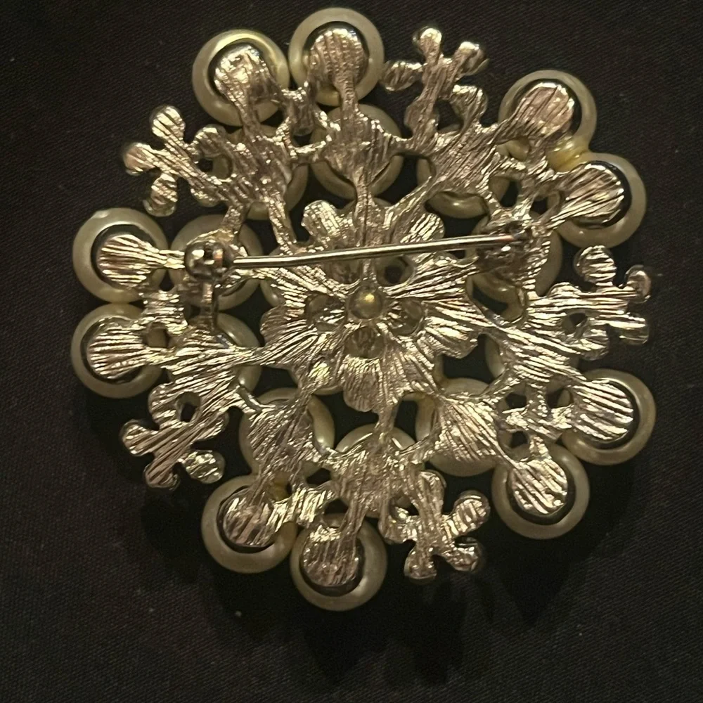 Faux Pearl and Rhinestone Snowflake Starburst Brooch
